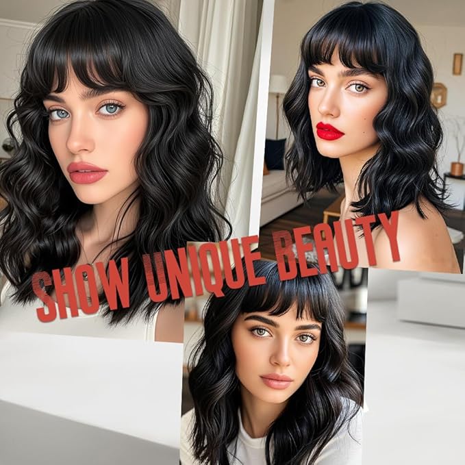 WAVE&BREEZE Short Black Bob Wigs with Bangs for Women 14Inch Curly Natural Looking Synthetic Hair Wig for Daily Party Costume