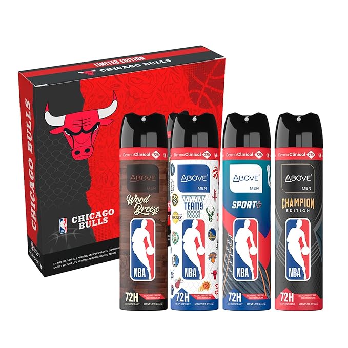 Above NBA – Chicago Bulls Deodorant Gift Set – A Giftable Set for Bulls Fans – Antiperspirant Spray, 4 Signature Scents, 72h Protection, Dry Spray, No Stains – 5.07 oz, Pack of 4