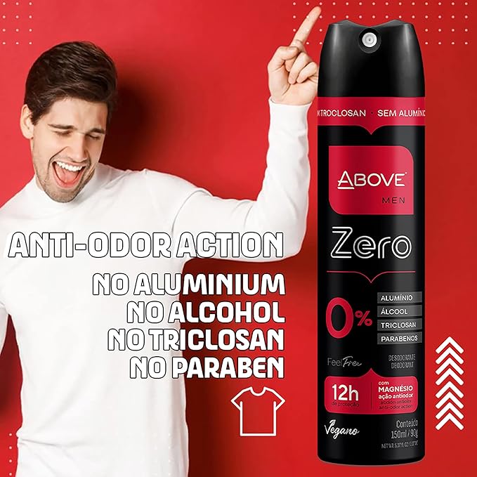 ABOVE 12 Hours Deodorant Set - Dry Spray for Men - Sensual and Floriental Fragrance - Protects Against Sweat and Body Odor - Offers Instant Freshness - Stain Free Application - Feel Free Zero - 4 pc