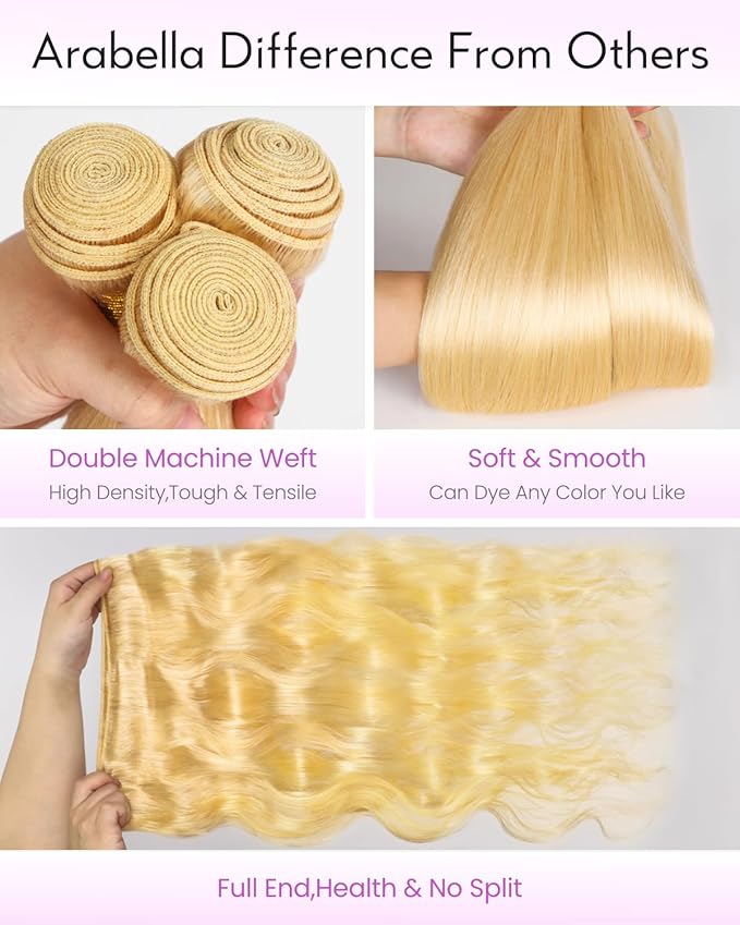 Arabella 613 Body Wave Bundles Human Hair 24 26 28 Inch Blonde Hair 100% Unprocessed Brazilian Virgin Hair 10A Weave Sew in Double Weft Bundles Human Hair 613 Hair Extensions for Women