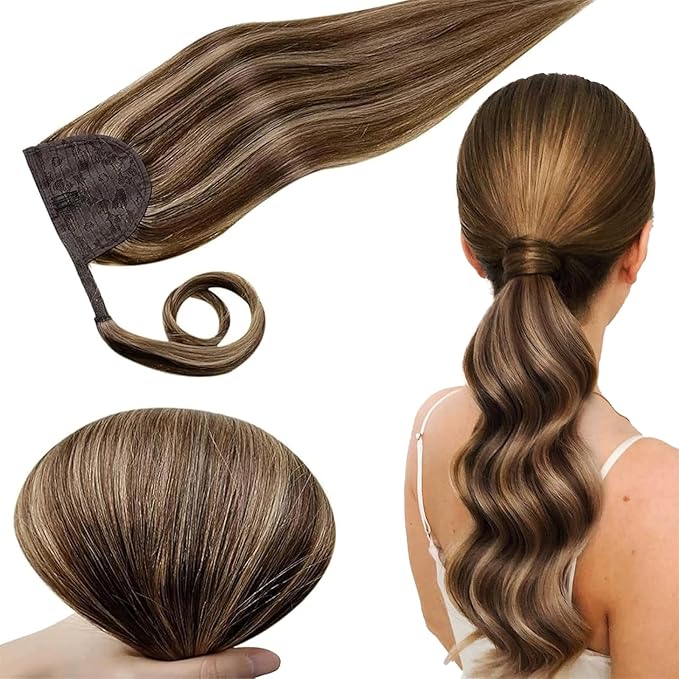 RUNATURE Ponytail Extension Human Hair, Long Real Hair Ponytail Extension with Magic Paste, Natural Remy Hair for Daily Wearing, 20 Inch 80g #3P12 Dark Brown Highlight Honey Blonde
