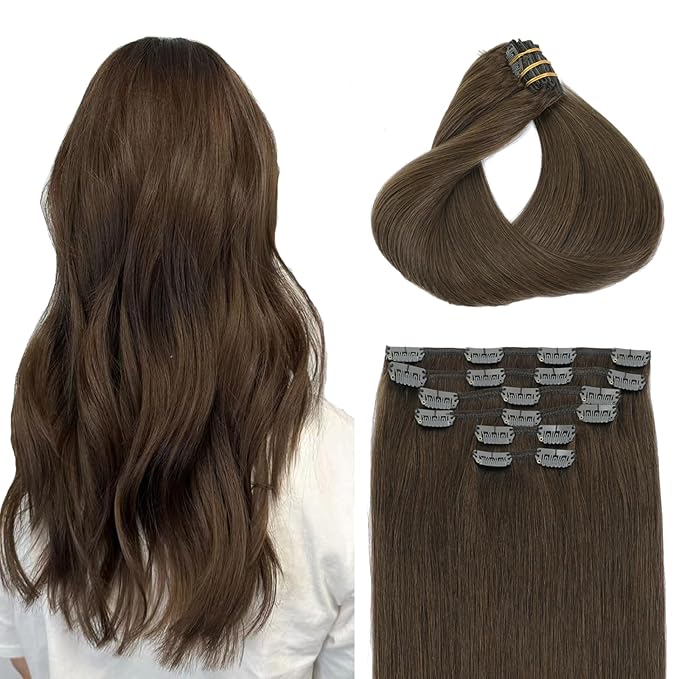Clip in Hair Extensions Real Human Hair Medium Dark Brown,120g 22 Inch,Remy Human Hair Extensions Clip ins for Women,Natural Human Hair 6pcs Per Set with 18 Clips(#4,22'')