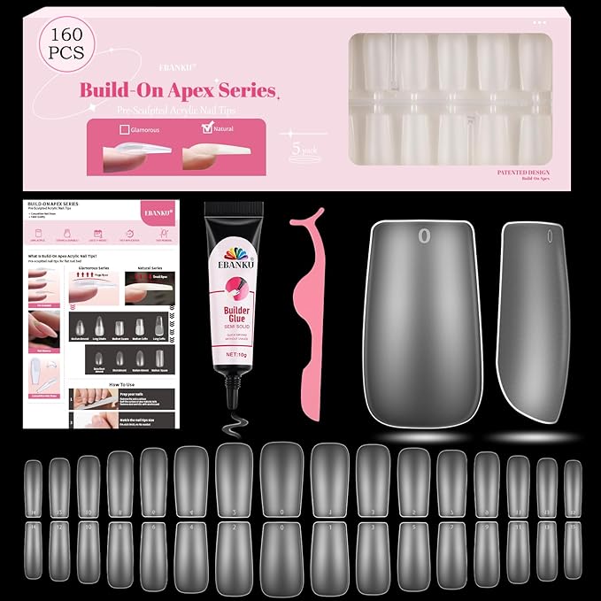 EBANKU Build on Apex Natural Nail Tips, 16 Sizes 160 PCS Middle Square Clear Acrylic Full Cover Press on Nail Tips with Builder Glue, Pre-applied Tip Primer & Base Coat