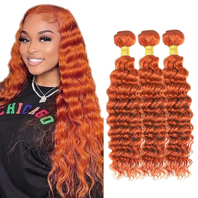 18 20 22 Inch Ginger Bundles Human Hair #350 Orange Deep Wave 3 Bundle Unprocessed Brazilian virgin hair Weave Extensions Double Weft 50 Grams/Bundle Colored Ginger Bundles for Woman