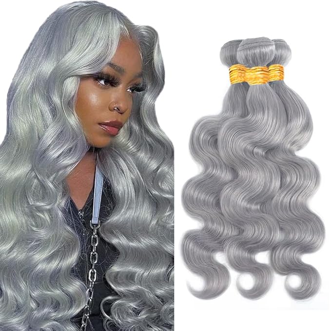30 32 34 inch Grey Bundles Human Hair Silver Bundle Gray Body Wave Bundles 8A Brazilian Remy Gray Hair Extensions 300g