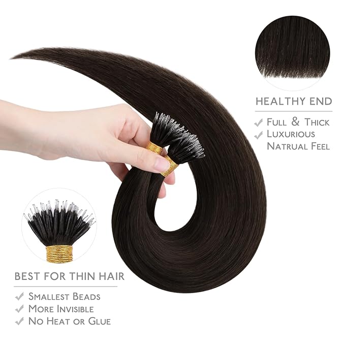 WENNALIFE Nano Bead Hair Extensions, 50g 50s 18 Inch Human Hair Dark Brown Real Invisible Nano Ring