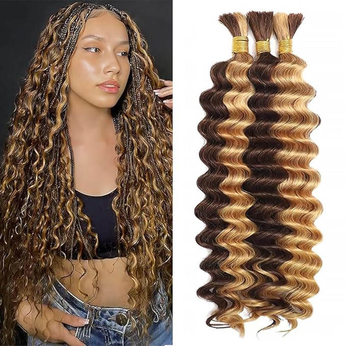 Human Braiding Hair for Boho Braids 28 inch Highlight Brown Deep Wave Bulk Human Hair for Braiding Knotless Deep Wave Boho Braids 3 Bundles