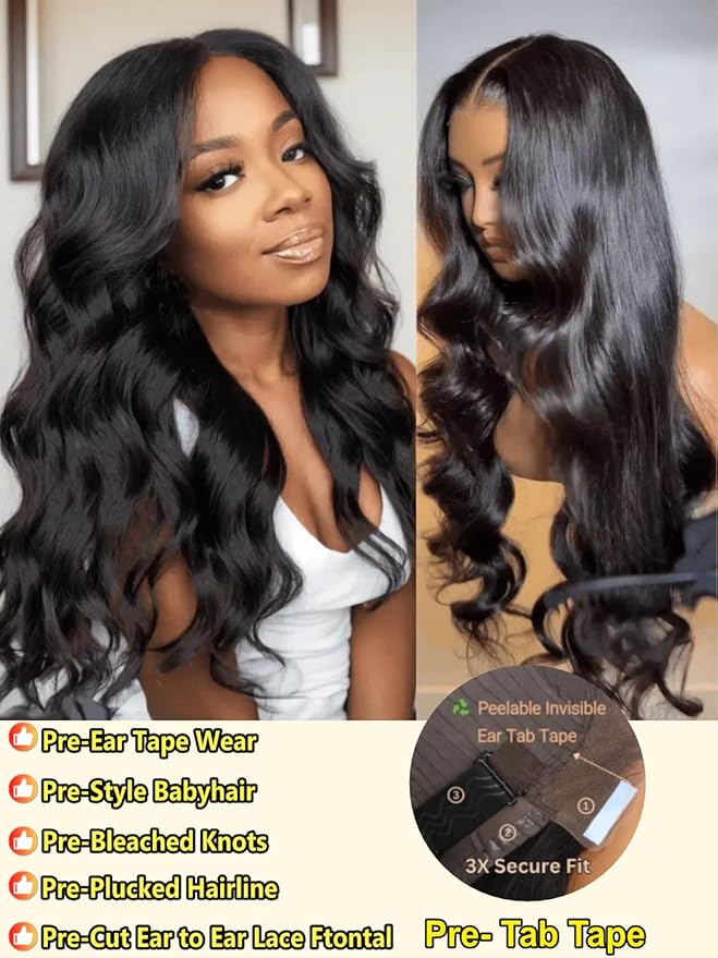 Sunber Body Wave Human Hair Lace Frontal Glueless Wig 13x4 Pre Everything Pre Cut Lace Front Drawstring Wig Bye Bye Knots Pre Plucked with Baby Hair 150% Density 24Inch Pull Go Wigs