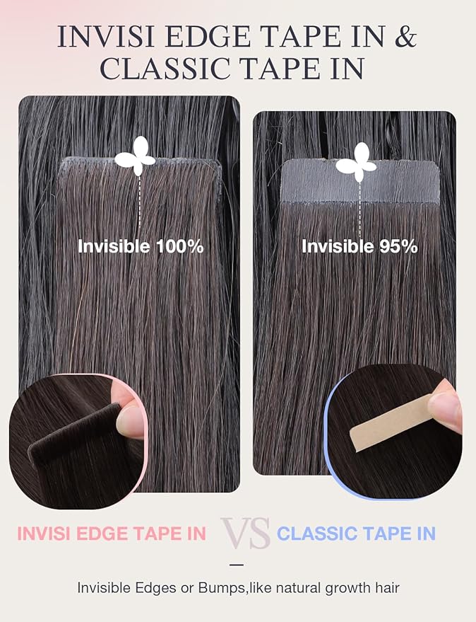DOORES Invisible Seamless Tape in Hair Extensions Human Hair Invisi Edge, Dark Brown 10 Injection Tape-ins with 10 Classic Tape-ins 50g 14 Inch, Virgin Human Tape in Extensions