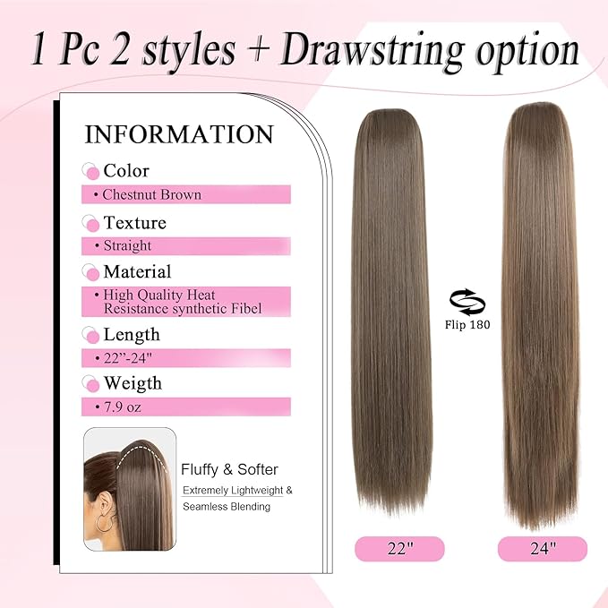Ponytail Extension, 24" Long Straight Claw Clip Ponytail Extension clip on ponytails hair clip Hair claw clip Fake Ponytail Hairpieces for Women – Chestnut Brown