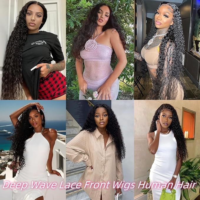 13x6 Deep Wave Lace Front Wigs Human Hair 220 Density HD Transparent Pre Plucked Deep Curly Frontal Wigs Human Hair for Women Natural Black 34 Inch