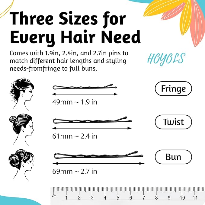 HOYOLS Black Bobby Pins for Women Hair, 150 Pcs in 3 Sizes (1.9", 2.4", 2.7") for Women & Girls, Secure Hair Pins for Updo, Bun, Styling Accessories
