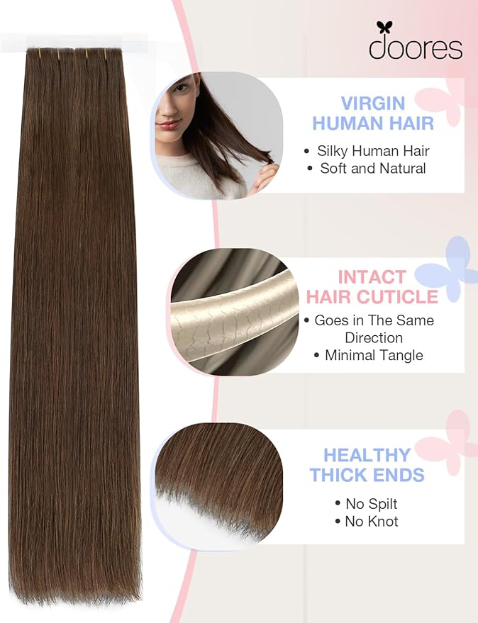DOORES Invisi Edge Tape in Hair Extensions Human Hair, Chocolate Brown 10 Injection Tape-ins with 10 Injection Tape-ins 50g 20 Inch, Injected Tape in Extensions Thick Ends