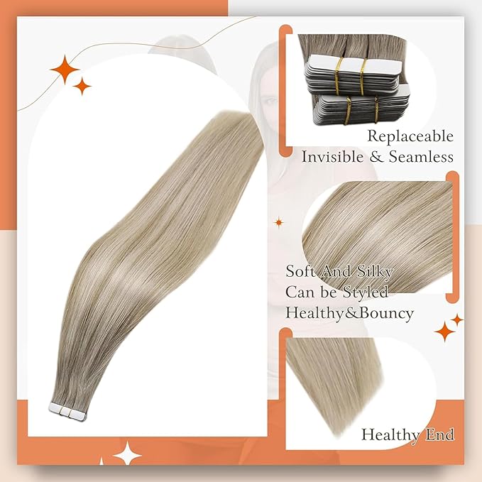 Full Shine Balayage Tape in Hair Extensions Human Hair Color 19 Grey Blonde Ombre 8 Ash Brown And 60 Blonde Seamless Invisible Tape Extensions 18Inch Remy Skin Weft for Wedding 100Gram 40Pcs