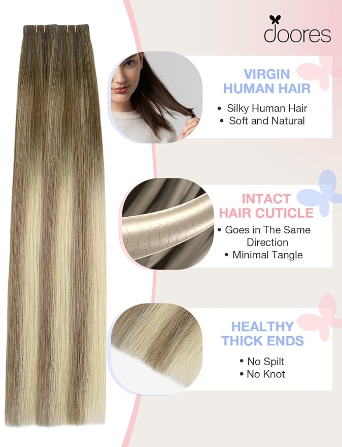 DOORES Invisi Edge Hair Extensions Tape in, Walnut Brown to Ash Brown and Bleach Blonde 10 Injection Tape-ins with 10 Injection Tape-ins 50g 18 Inch, Injected Tape in Extensions Straight