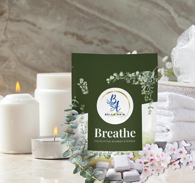 Bella Aria by Just Us Chix - Breathe Eucalyptus Shower Steamers, Aromatherapy Spa Experience, 7 Aromatic Tablets with Mesh Bag