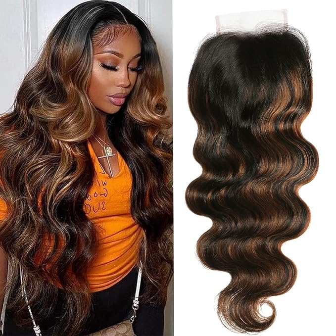 UNICE Ombre Highlight Body Wave 4x4 Lace Closure Free Part, Brown Human Hair Wavy Closure with Dark Roots FB30 Color 14 inch