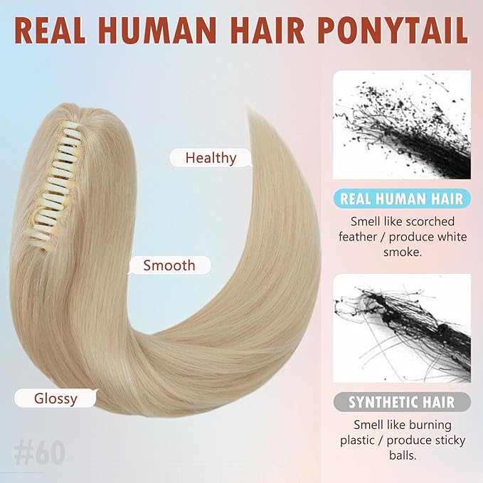 Hairro Claw Clip In Ponytails Extensions Jaw On Real Hair Ponytail Long Jaw/Claw Pony Tail With Clips Hairpieces For Women 14 Inch 105g #60 Platinum Blonde