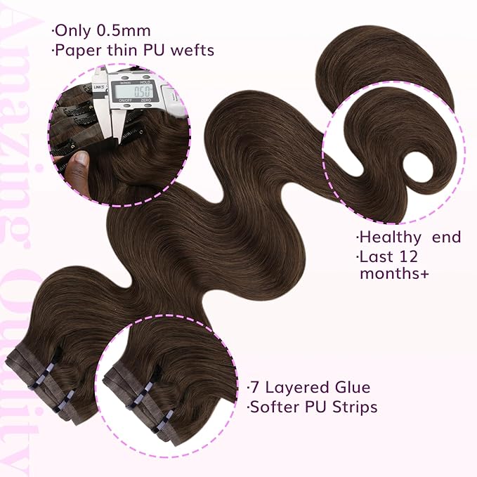 IDN BEAUTY Seamless Clip In Hair Extensions Real Human Hair Chocolate Brown Body Wave Seamless Clip Ins For Black Women PU Weft Invisible Edge Thick Ends 110g 20 Inch 7pcs Colored Extensions