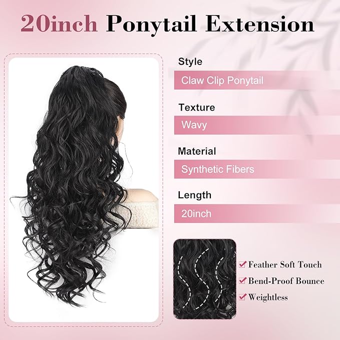 QGZ Ponytail Extension 20 Inch Claw Clip Ponytail Hair Extension Natural Synthetic Curly Wavy Hairpiece for Women Daily Use(Black)