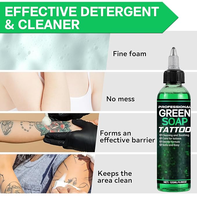 Green Soap Tattoo Concentrated 4OZ with Foaming Bottle 120ml, Tattoo Soap Supplies for Piercings and Clean Skin, Effective & Gentle