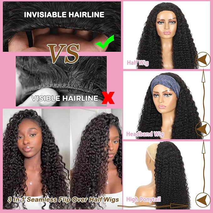 24 Inch Half Wig Human Hair Deep Wave Half Wig 3 in 1 Glueless 200 Density Burmese Curly Half Wig Drawstring Seamless Flip Over Half Wigs for Women Invisible Hairline Beginner Friendly