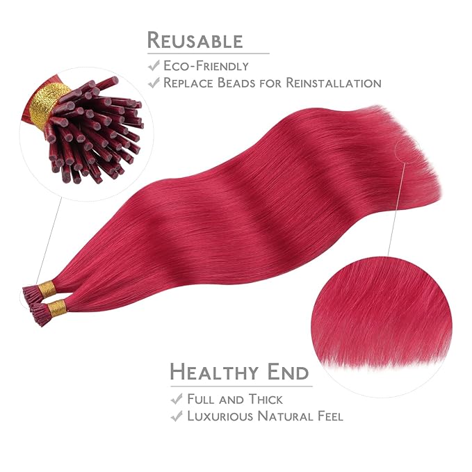 WENNALIFE I Tip Hair Extensions Real Human Hair, 100g 200s 14 Inch Red Remy Itip Human Hair Extensions Invisible Itips Straight I Tips Cold Fusion Extensions