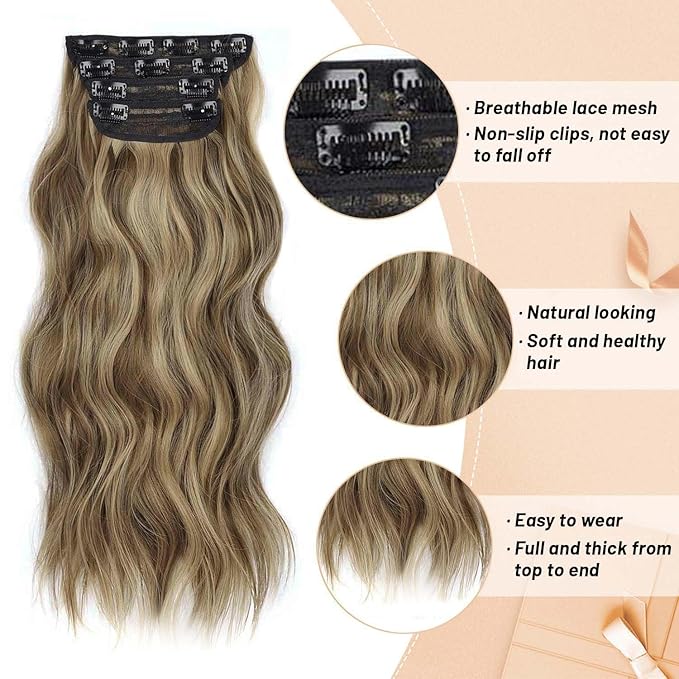20 Inch Long Wavy Hair Extensions Honey Blonde Mixed Light Brown 4PCS Synthetic Long Clip in Hair Extensions for Women Full Head Not Tangled Natural Soft Thick Hair (20INCH, 22H10)