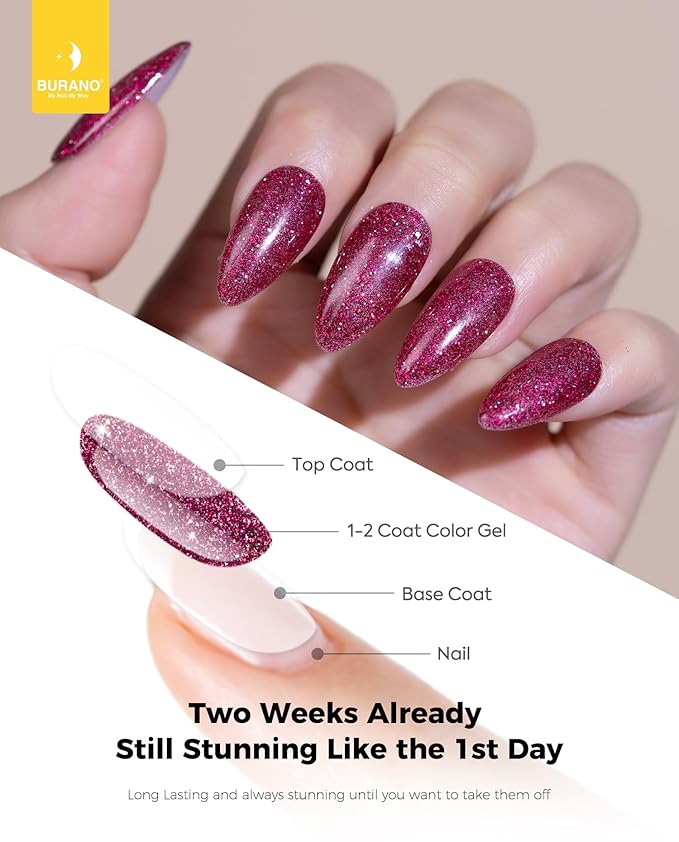 BURANO Glitter Nail Polish, LED UV Shimmer Holographic Effect Soak Off, No Chip Sparkle Gel for Home DIY Nail Salon (Rose LP50)