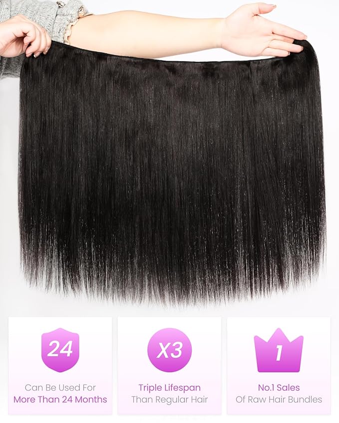 Arabella 15A Raw Straight Bundles Human Hair Natural Black Hair Bundles 100% Raw Vietnamese Human Hair,Three Times the Lifespan 18 Inch
