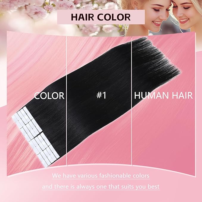 3rd-Generation Invisible Tape in Hair Extensions Human Hair Pro3.0#1 Jet Black 20pcs 45g 20inch Seamless Injection Hand-Tied Invisi Edge Tape ins Extensions（#1-20inch）