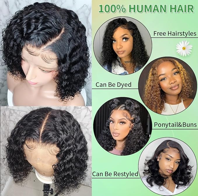 14 Inch 13x6 Deep Wave Lace Front Wigs Human Hair Pre Plucked HD Lace Brazilian Virgin Short Curly Human Hair Wig Glueless Frontal Wigs for Women 180 Density Natural Black Deep Wave Wig