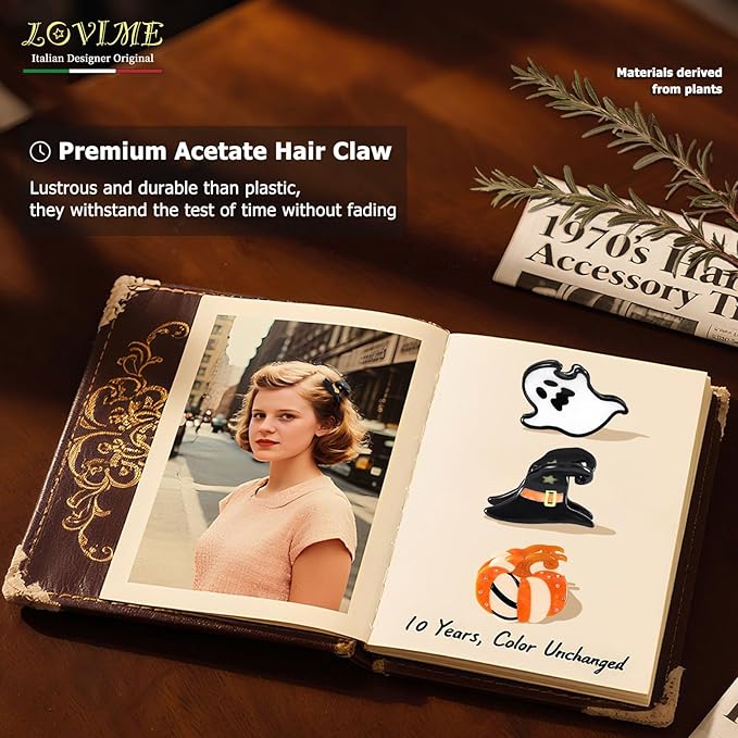 Mini Cute Acetate Hair Claw Clips for Women- Italian Designed Original Handmade Vintage Halloween Hair Accessories- Pumpkin, Witch Hat, Ghost, Nonslip, Plant-Based, Gift Boxed, 3-Pack