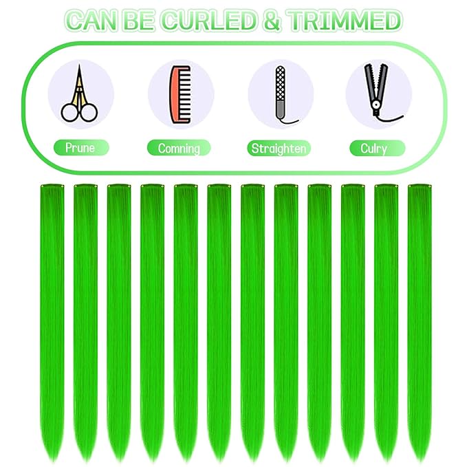 12 PCS Green Hair Extensions Clip in, 22" Colored Hair Extensions, Highlights Colorful Hair Piece DIY Hair Accessories on Daily Party