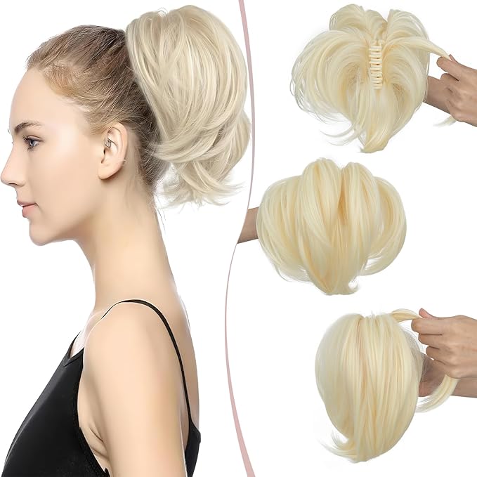 Claw Clip Short Ponytail Hair Extensions Messy Bun Hair Piece Pony Tails Hair Extensions with Bendable Metal Wire Hair Pieces DIY Style 8 Inch 613 Light Blonde