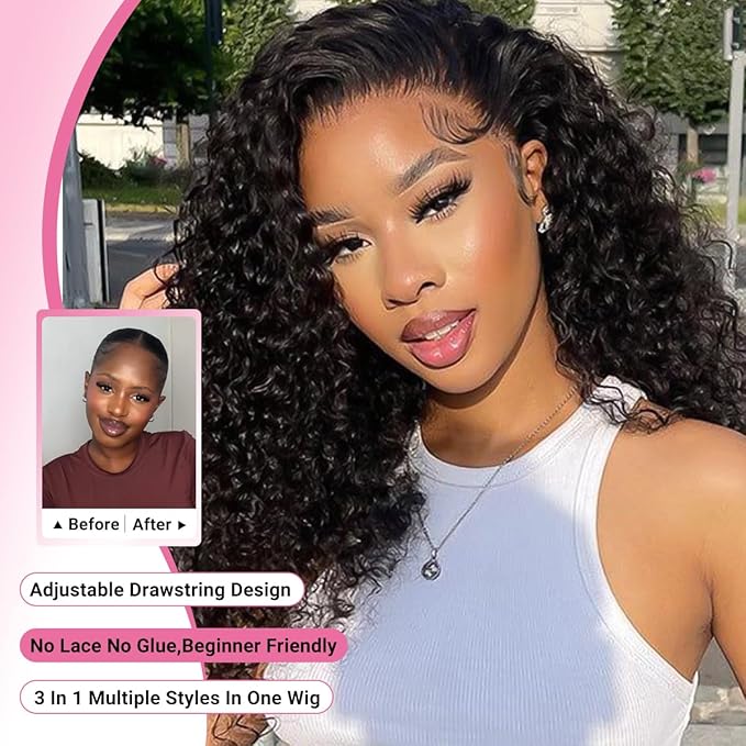 IUPin Curly Half Human Hair Wig 20 Inch 200% Density 3 In 1 Seamless Flip Over Glueless Wear And Go Wigs Human Hair With Update Drawstring Headband Seamless Clip Ins Kinky Curly Wigs For Women