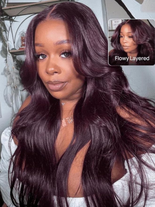 Sunber Black Cherry Layered Straight 13x4 Pre Cut Lace Front Wigs Human Hair Pre Everything Glueless Ready to Go Wig 180% Density Pre Plucked Pre Bleached Invisible Knots Burgundy Plum Straight 22Inch
