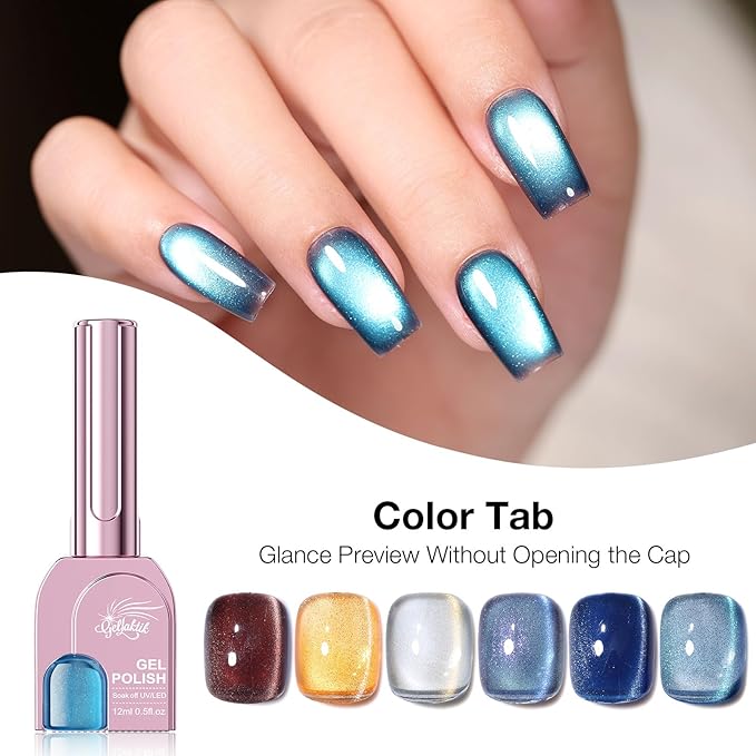 Cat Eye Gel Nail Polish Set, 6 Colors 12ML - 9D Glassy Holographic Glitter, Magnetic Nail Art Kit with Magnet, Soak Off UV LED Gel for DIY Home Salon Manicure Gift for Women