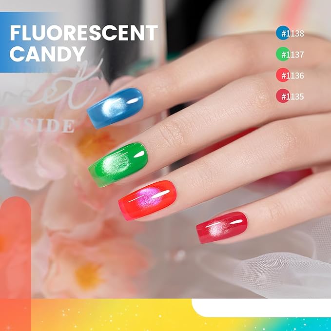 RARJSM Neon Candy Cat Eye Gel Nail Polish Set 6 Colors Bright Pink Blue Green Orange Red Smoothie Ceramic Velvet Silver Cateye Glitter with Magnet Stick UV LED Curing Requires Soak Off Home Salon Diy