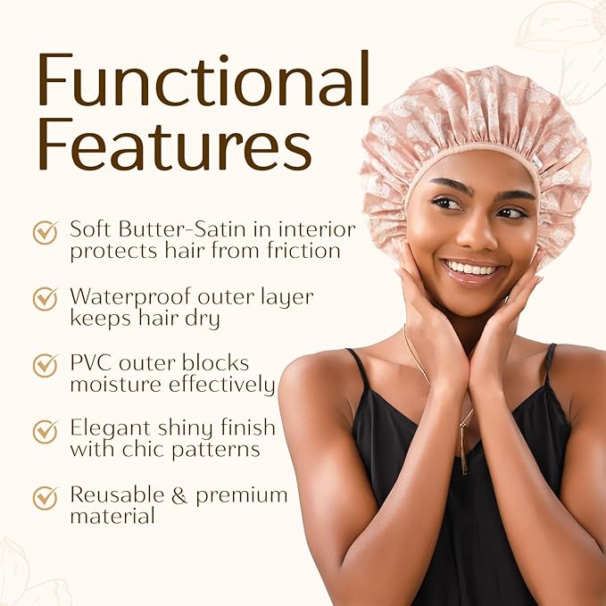 Yanibest Shower Cap for Women - Hair Satin Bonnet Shower Cap for Women Waterproof Extra Large Double Layer Reusable Adjustable for Braids Long Hair