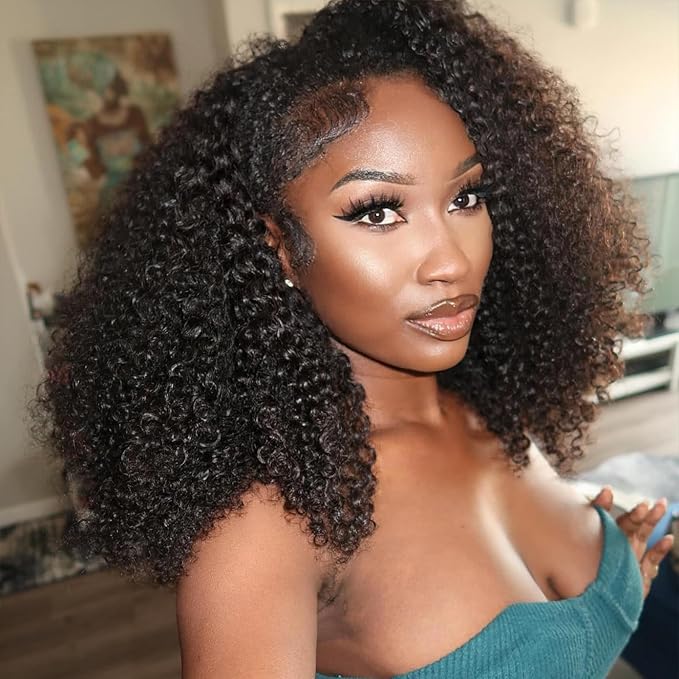 WOWANGEL Kinky Curly Half Wig Human Hair 180% Density Flexi-Fit Invisi 3 in 1 Wigs Flip Drawstring Wig Glueless Wear and Go Headband Wig 100% Human Hair for Women, Natural Black, 26 Inch
