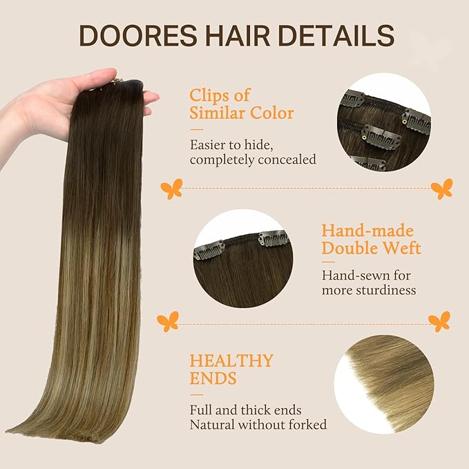 DOORES Clip in Hair Extensions Remy Balayage Dark Brown Fading to Chestnut Brown and Dirty Blonde 16 Inch Real Human Hair Clip in Extensions Natural Straight Hair Extensions 120g 7pcs