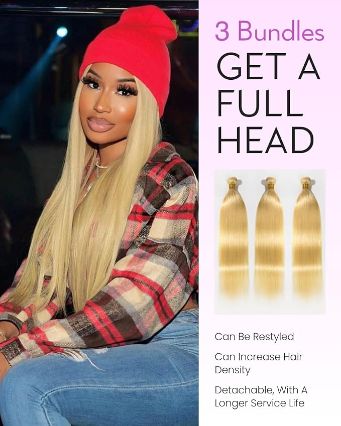 Arabella 613 Straight Bundles Human Hair 26 28 30 Inch Blonde Hair 100% Unprocessed Brazilian Virgin Hair 10A Weave Sew in Double Weft 3 Bundles Human Hair 613 Hair Extensions for Women