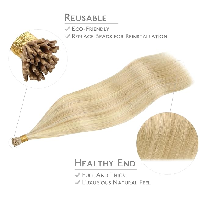 WENNALIFE I Tip Hair Extensions Human Hair, 50g 50s 22 Inch Light Blonde Highlighted Golden Blonde Remy Itip Human Hair Extensions Invisible Itips Straight I Tips Fusion Extensions Real Human Hair