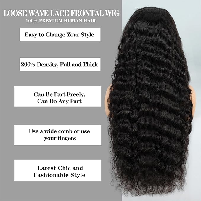 28 Inch Loose Wave Lace Front Wigs Human Hair 200% Density 13x4 HD Transparent Full Lace Frontal Wigs Human Hair 12A Loose Deep Wave Glueless Wigs Human Hair Pre Plucked for Black Women