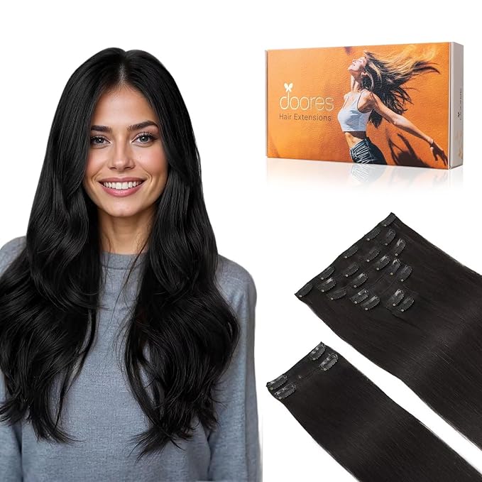DOORES Clip in Hair Extensions, Natural Black 18 Inch 150g 9pcs, Remy Extensions for Women Clip in Human Hair Thick Silky Weft Gift for Girl