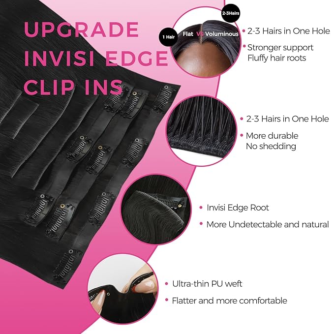 Lashey 5pcs Invisi Edge & 4pcs Seamless Clip in Hair Extensions Human Hair, 18 Inch 130g Real Human Hair Extensions Natural Black Body Wave Hair