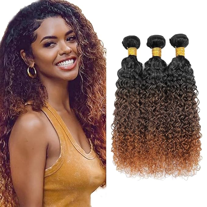 30 32 34 inch Omber Brown Bundles Human Hair #4 Kinky Curly Bundles 3 Tone Black Roots to Brown Bundle