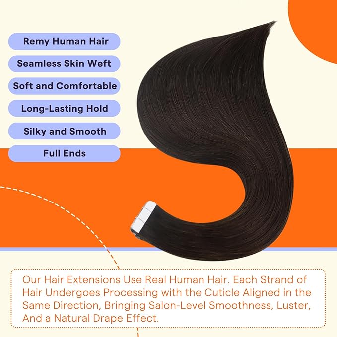 Full Shine Brown Tape in Hair Extensions Human Hair 18 Inch Invisible Remy Hair Extensions Tape in Color 2 Darkest Brown Double Sided Seamless Extensions for Women Real Hair 20 PCS 50g
