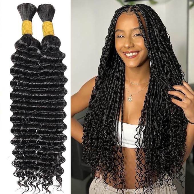 22 Inch Human Braiding Hair 100g Deep Wave Bulk Human Hair for Braiding Brazilian Virgin Human Hair Bundles Wet and Wavy Bundles No Weft Curly Human Hair Extensions for Boho Braids Natural Black